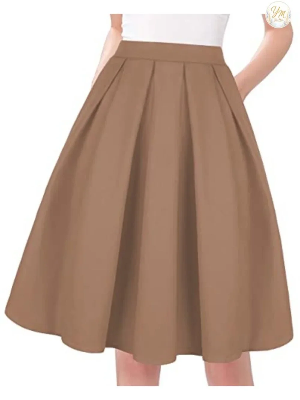 Women's Vintage A-Line Pleated Flared Midi Skirt with Pockets